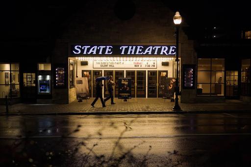 The State Theatre in State College, early on a rainy morning.