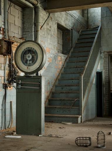 A working Toledo Scale sits still in an abandoned hospital power plant.